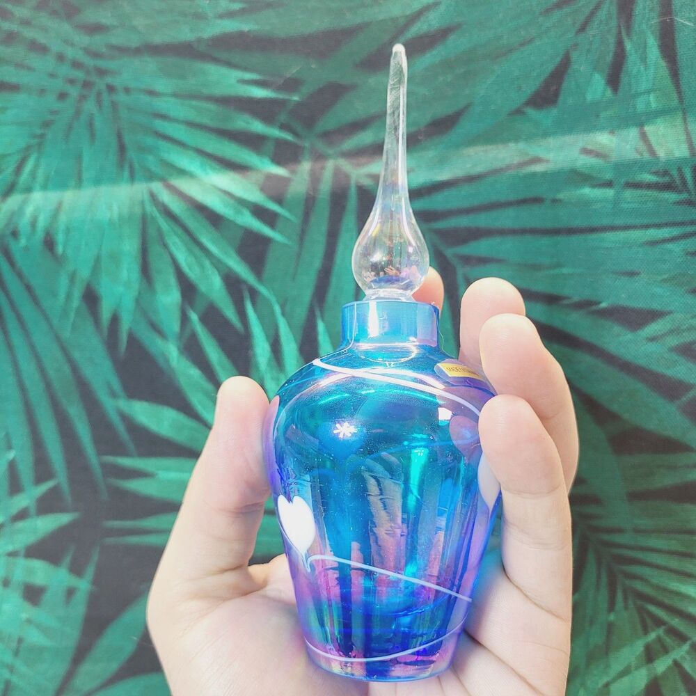 Art Glass Perfume Bottle Blue clear heat design Vintage 6in tall